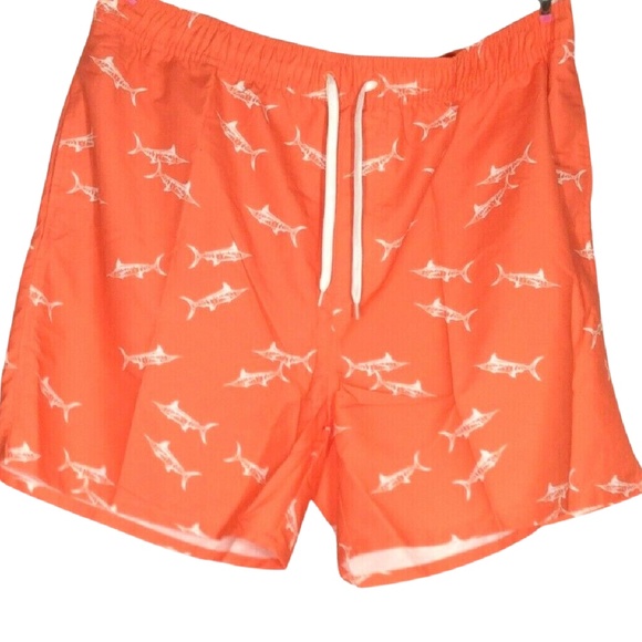 🖤 Old Navy Men Swim Trunks Size XXL Orange White Sharks Pockets Draw String NWT - Picture 1 of 9